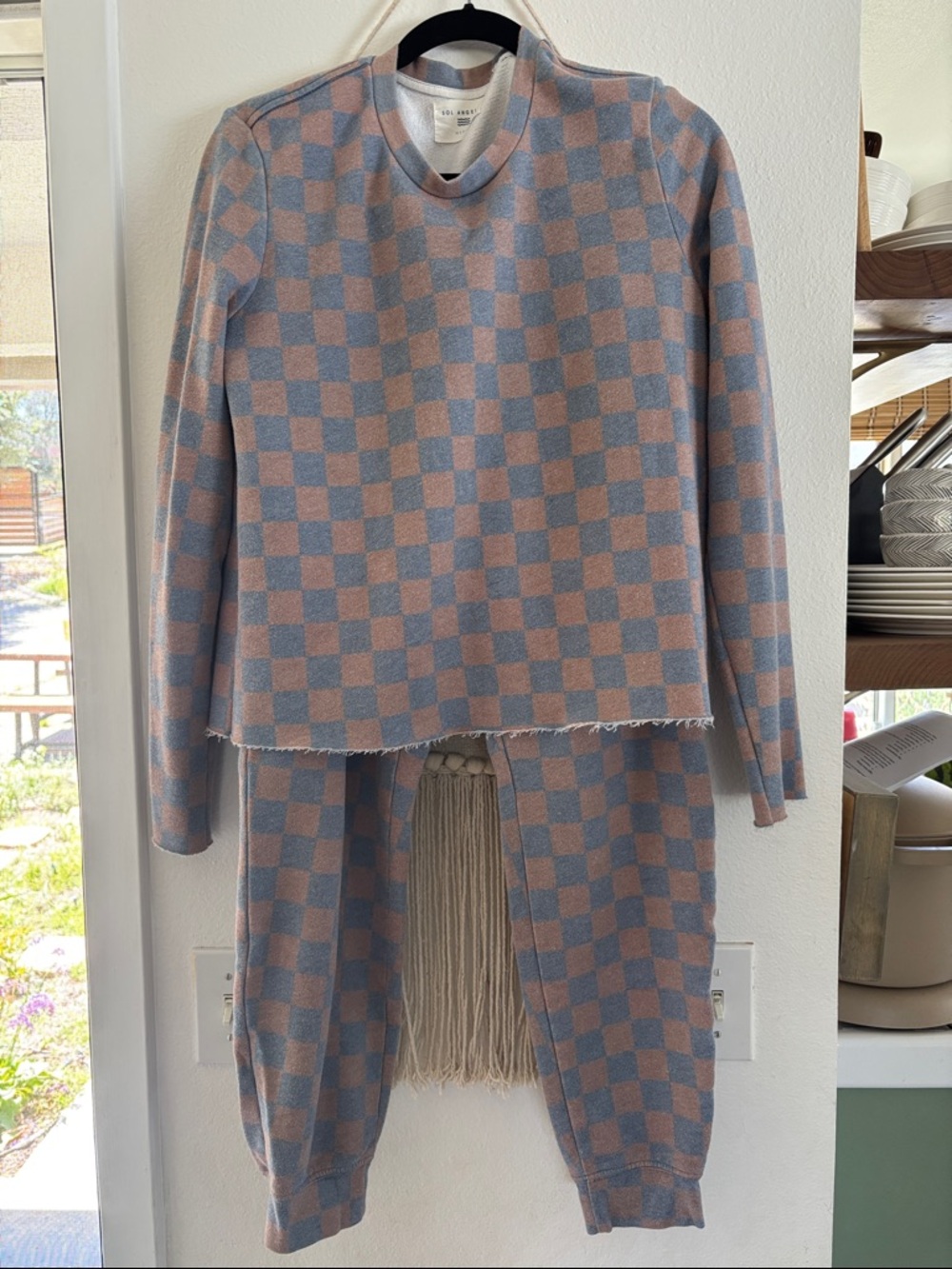 Sol Angeles tan and Blue Checker Knit Track Set - Top & Joggers